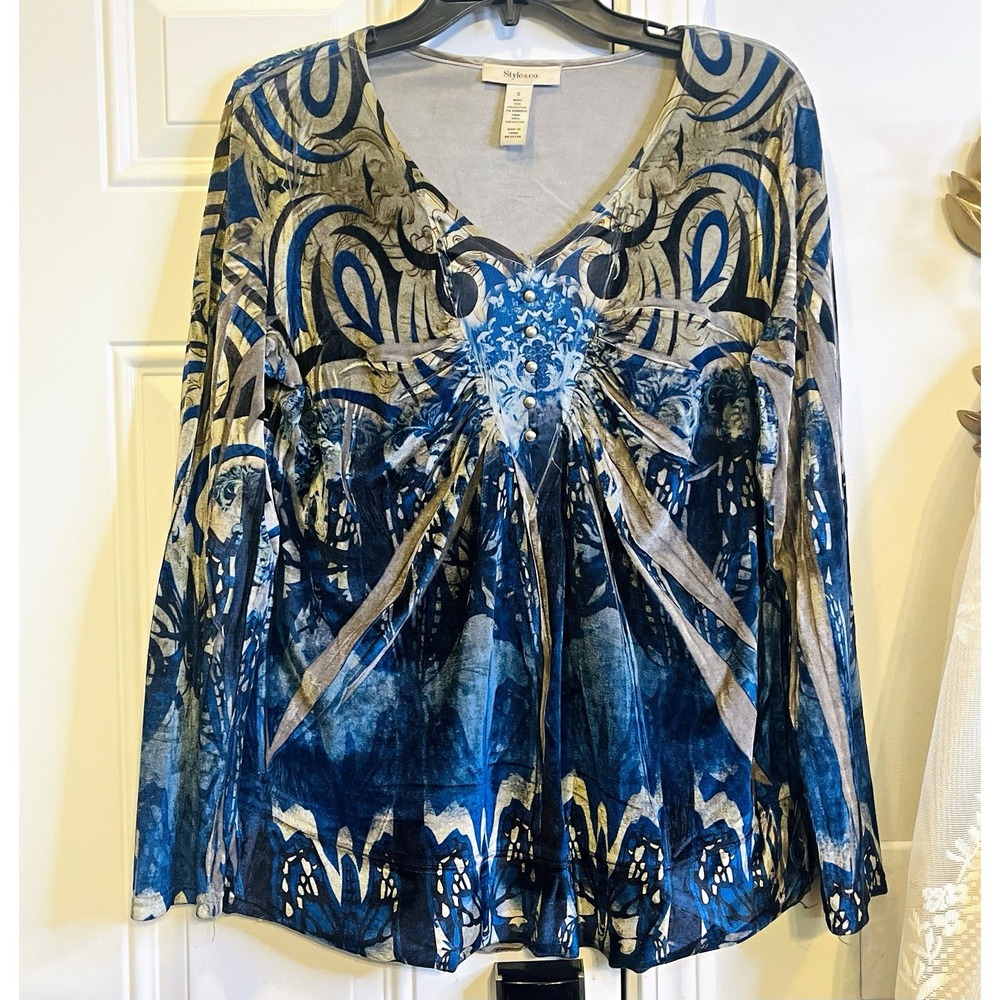 Y2K Style & Co Velvet Burnout Blue V-Neck Top Medium Boho Indie Sleaze Blouse